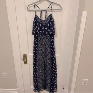 Navy and Pink Paisley Maxi Dress w/Front Slit